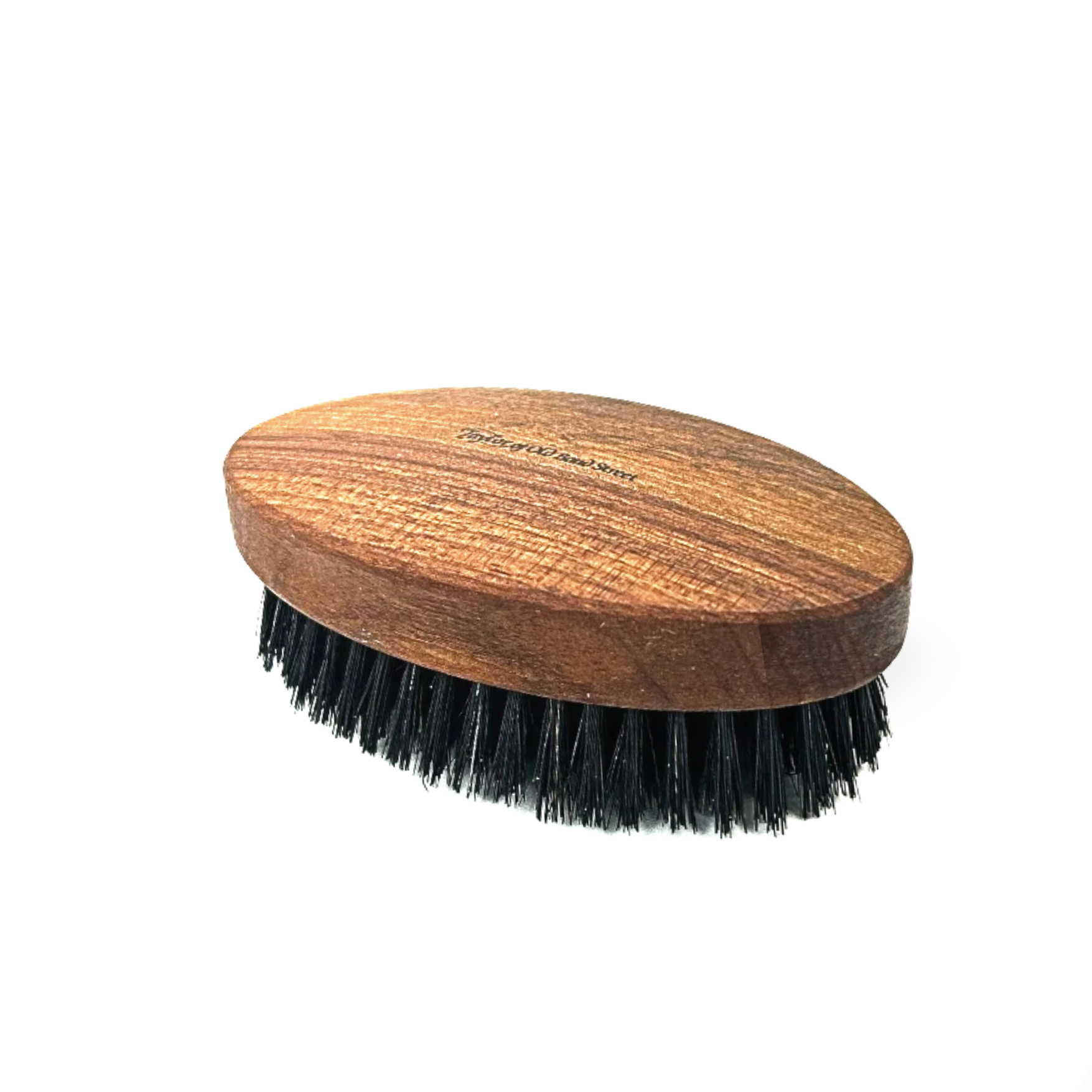 Wooden hair brush for men with black bristles on a white background